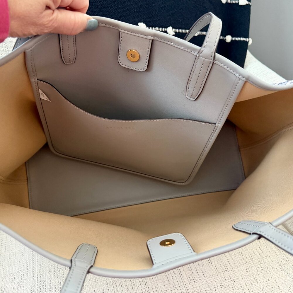 Tory Burch Gray Patterned Canvas Tote with Center Stripe - Picture 4 of 16